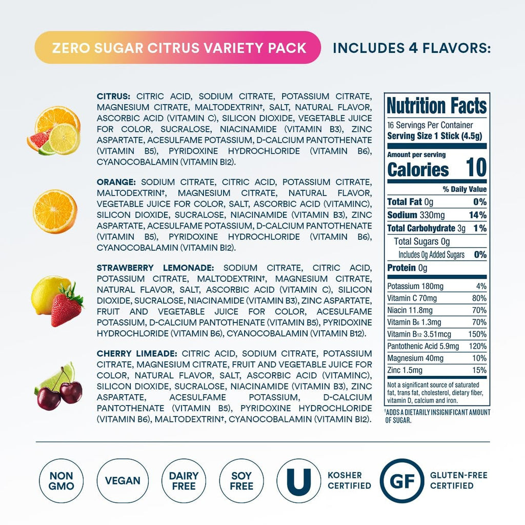 DripDrop Zero Sugar Citrus Variety Pack Electrolyte Powder, 8 oz sticks, 16 count - S4AE