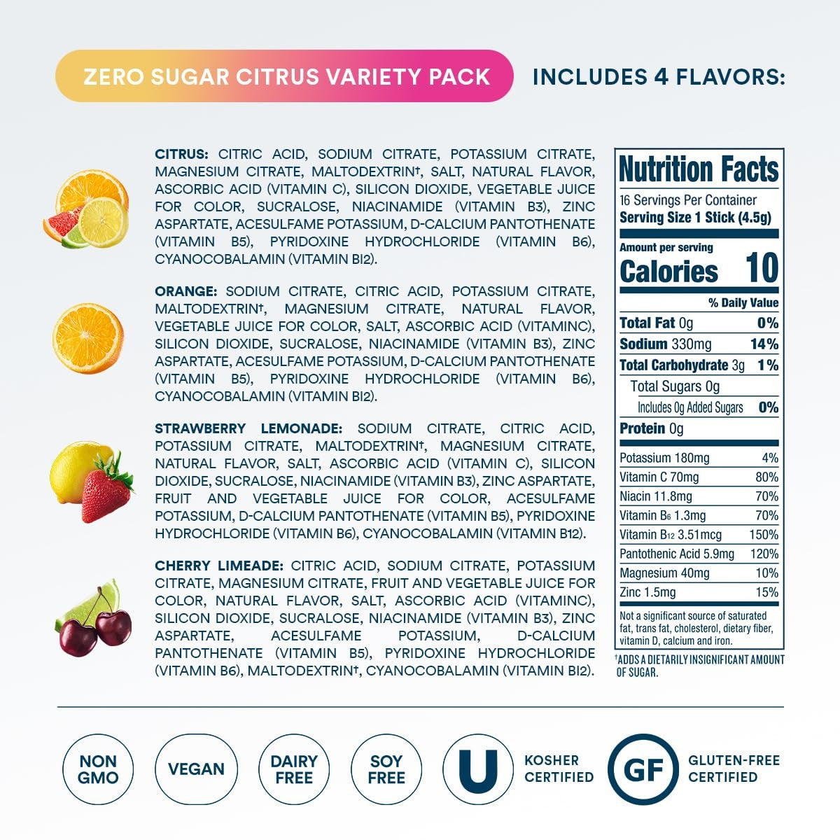 DripDrop Zero Sugar Citrus Variety Pack Electrolyte Powder, 8 oz sticks, 16 count - S4AE