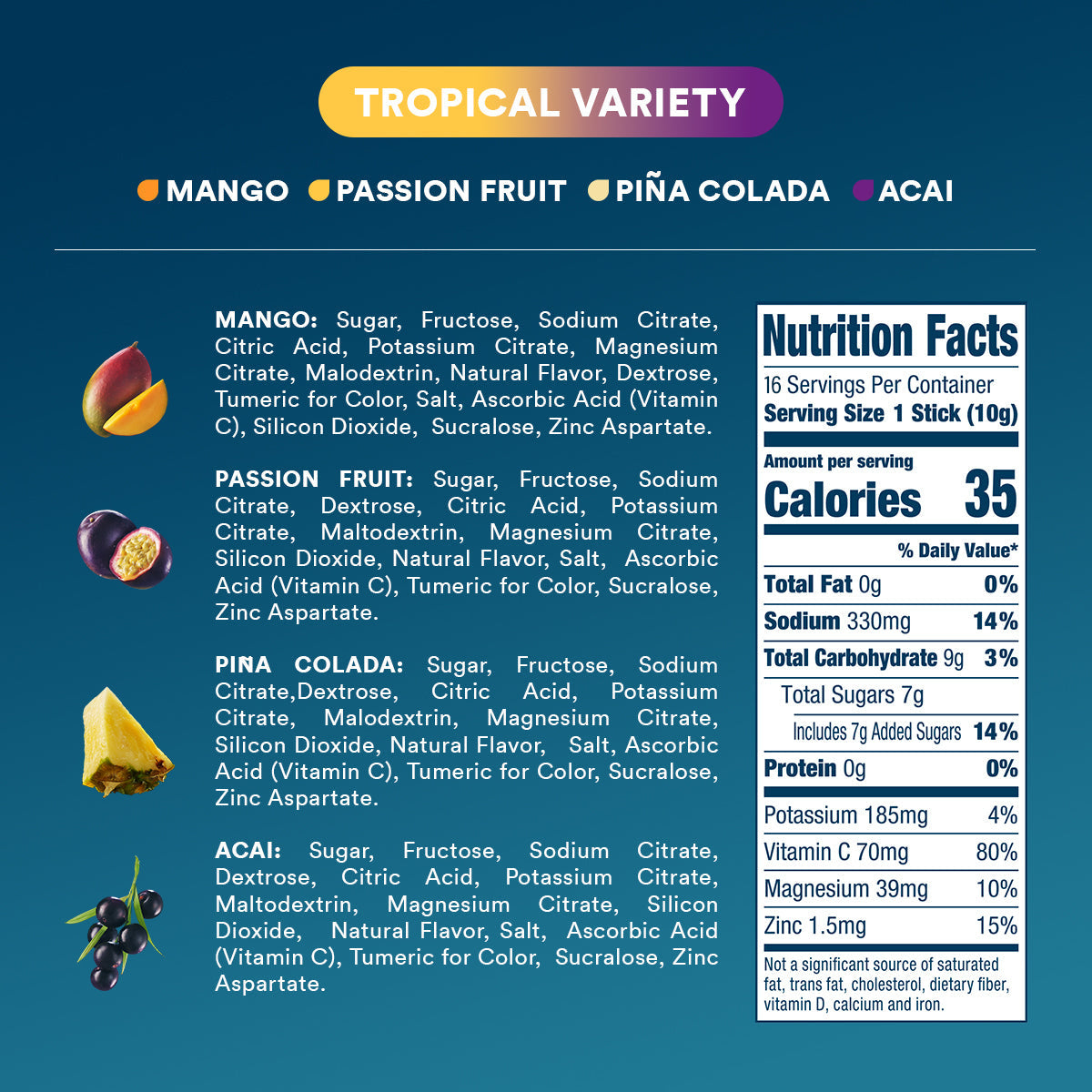 DripDrop Tropical Variety Pack Electrolyte Powder, 8 oz sticks, 16 count - 6G86