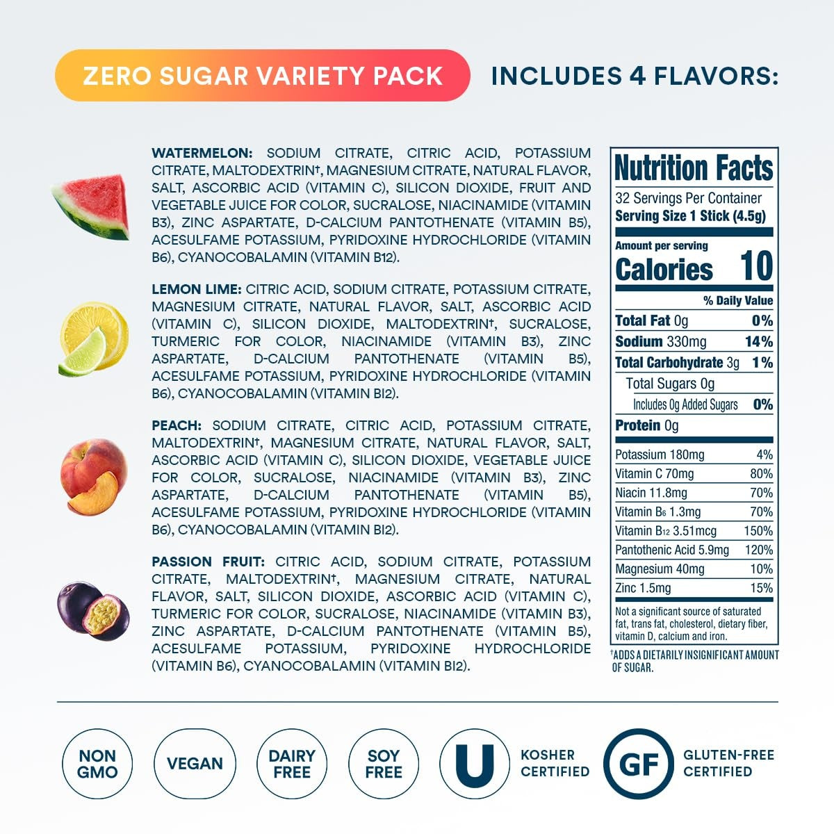 DripDrop Zero Sugar Classic Variety Pack Electrolyte Powder, 8 oz sticks, 32 count - K07R