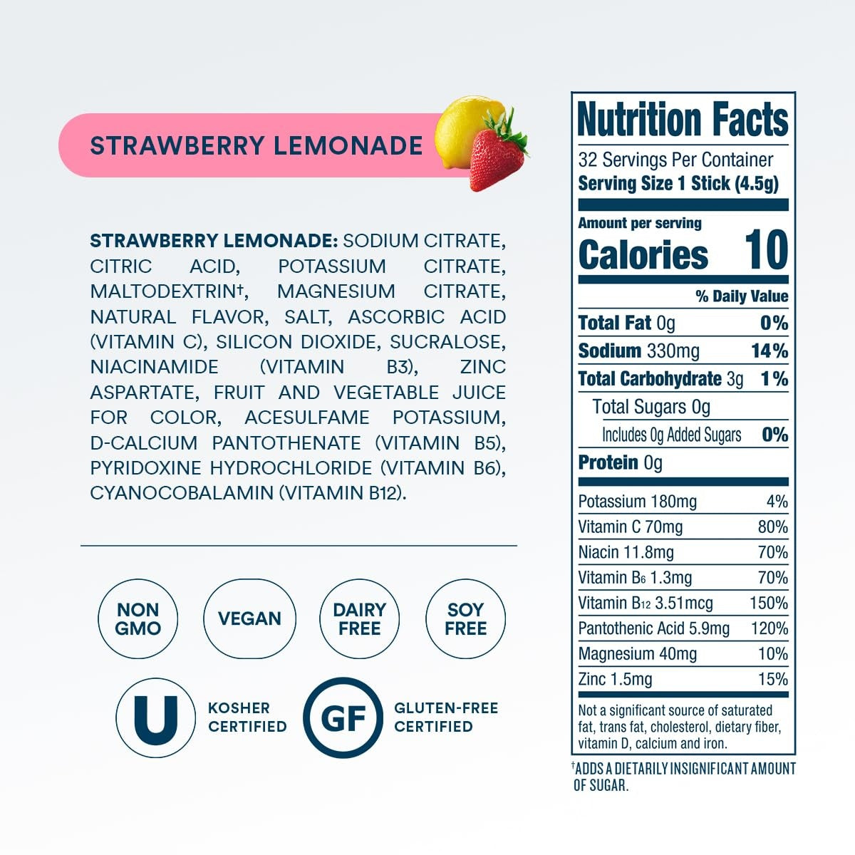 DripDrop Zero Sugar Strawberry Lemonade Electrolyte Powder, 8 oz sticks, 32 count - 49IX