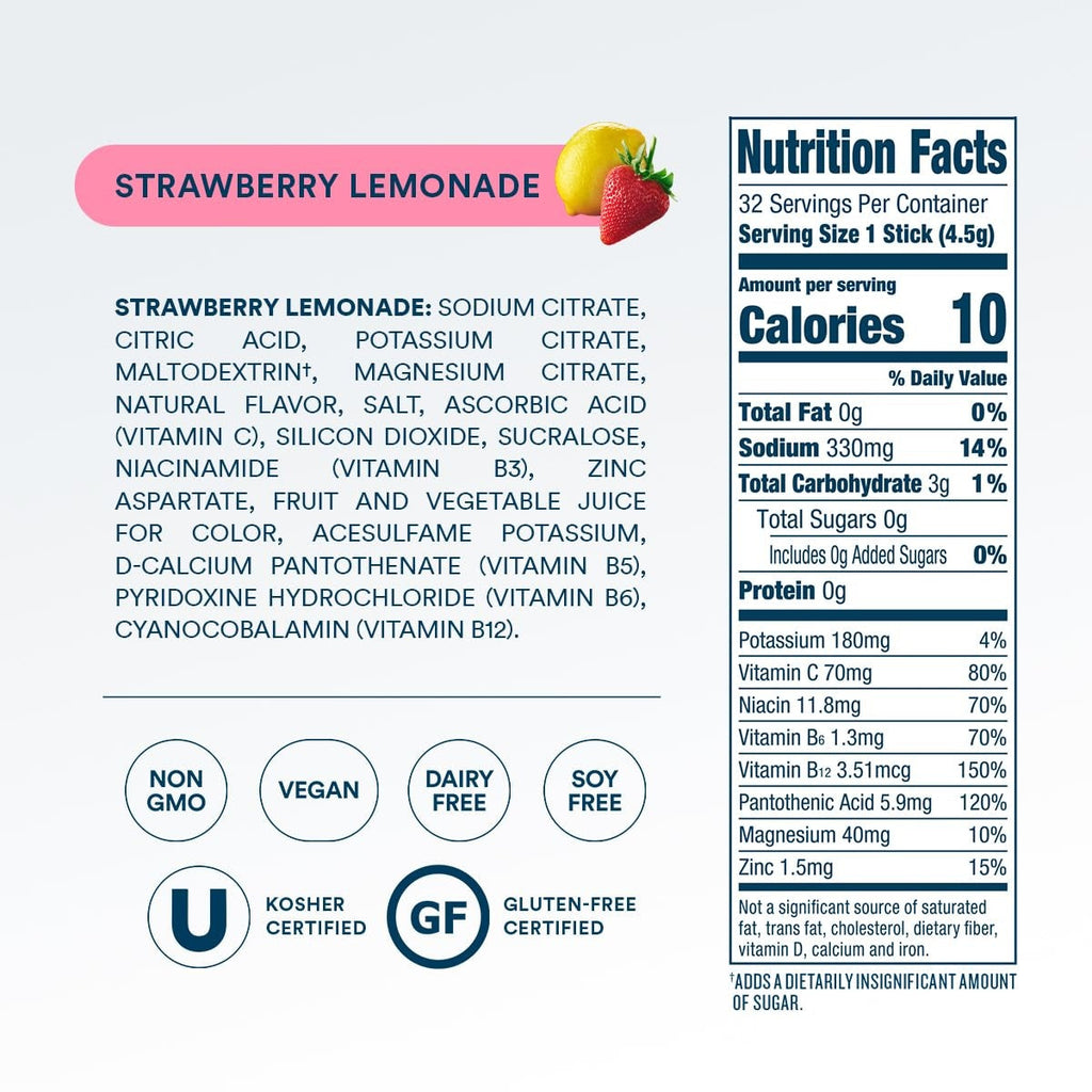 DripDrop Zero Sugar Strawberry Lemonade Electrolyte Powder, 8 oz sticks, 32 count - 6W80