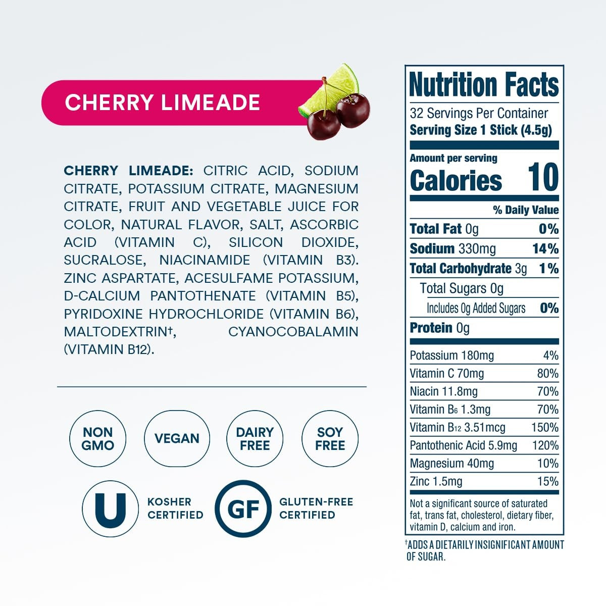 DripDrop Zero Sugar Cherry Limeade Electrolyte Powder, 8 oz sticks, 32 count - NSMH