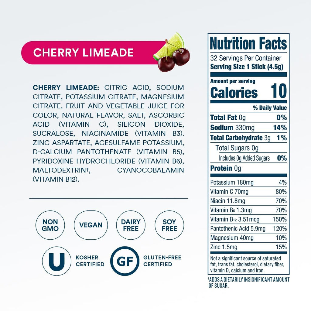 DripDrop Zero Sugar Cherry Limeade Electrolyte Powder, 8 oz sticks, 32 count - X25B