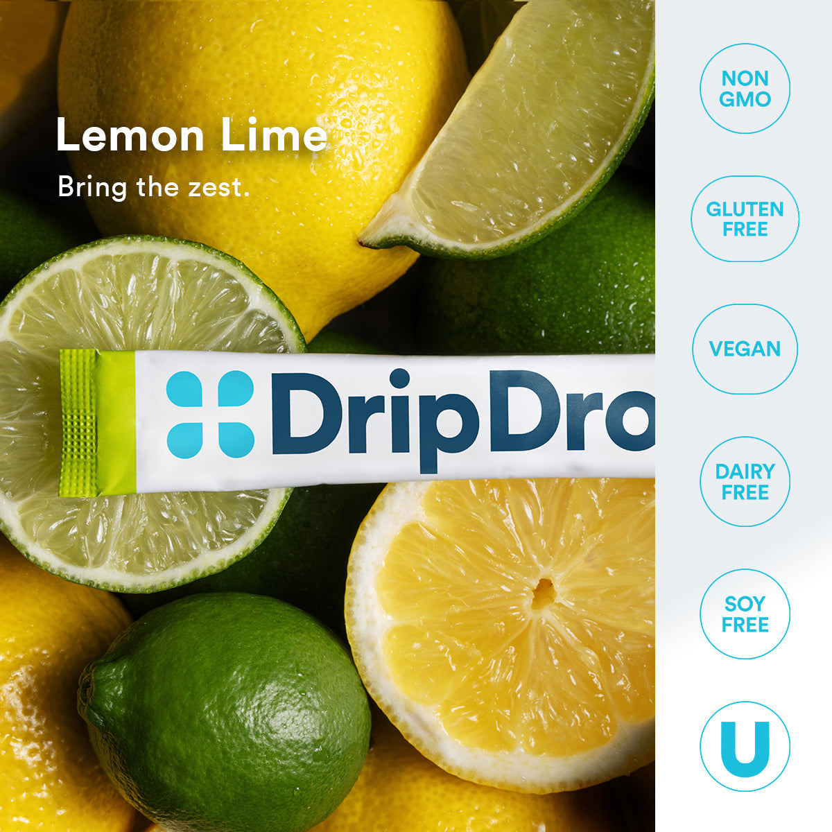 DripDrop Zero Sugar Lemon Lime Electrolyte Powder, 8 oz sticks, 32 count - F0MA