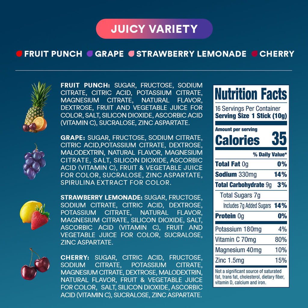 DripDrop Juicy Variety Pack Electrolyte Powder, 8 oz sticks, 16 count - AEQY