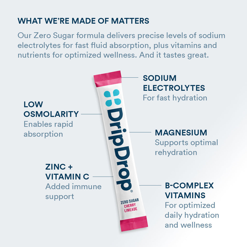 DripDrop Zero Sugar Cherry Limeade Electrolyte Powder, 8 oz sticks, 32 count - X25B