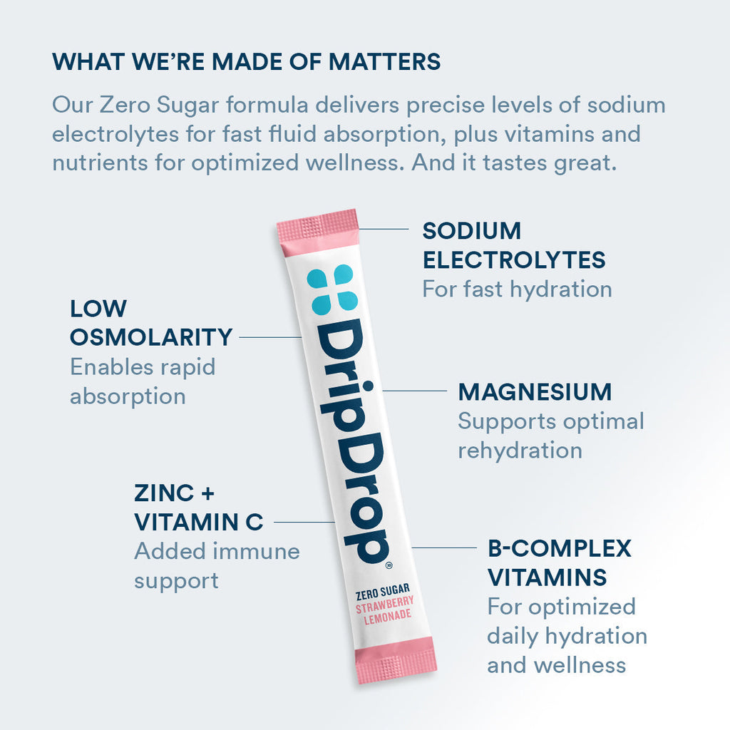 DripDrop Zero Sugar Strawberry Lemonade Electrolyte Powder, 8 oz sticks, 32 count - 49IX
