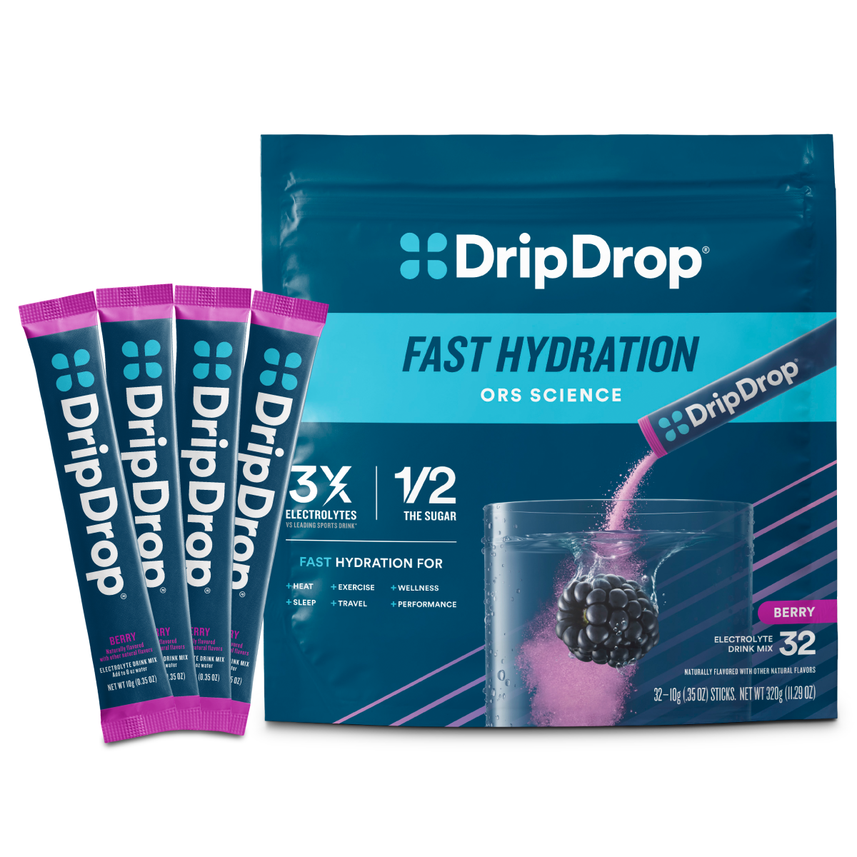 DripDrop Berry Electrolyte Powder, 8 oz sticks, 32 count - EYEJ