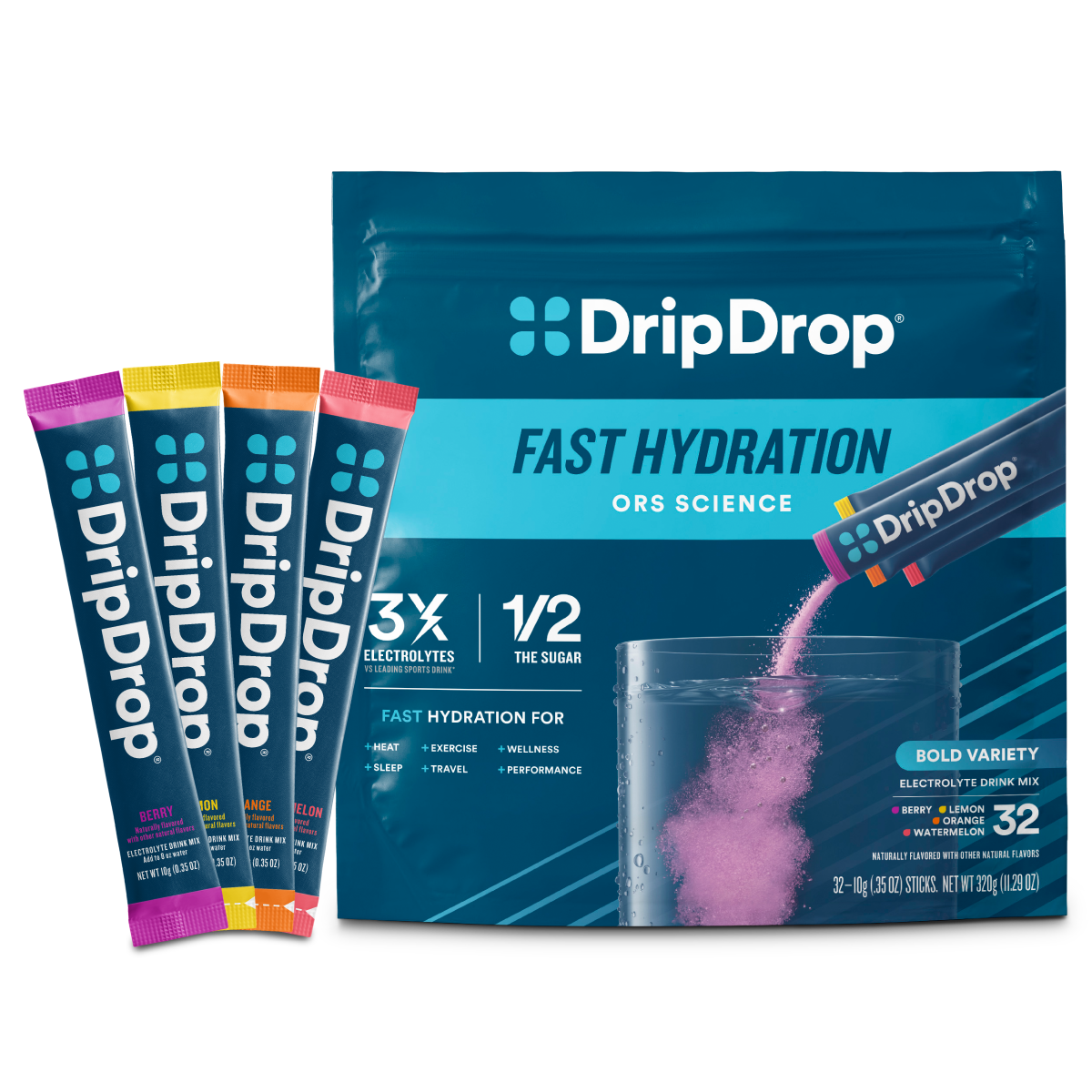 DripDrop Bold Variety Pack Electrolyte Powder, 8 oz sticks, 32 count - KEDD