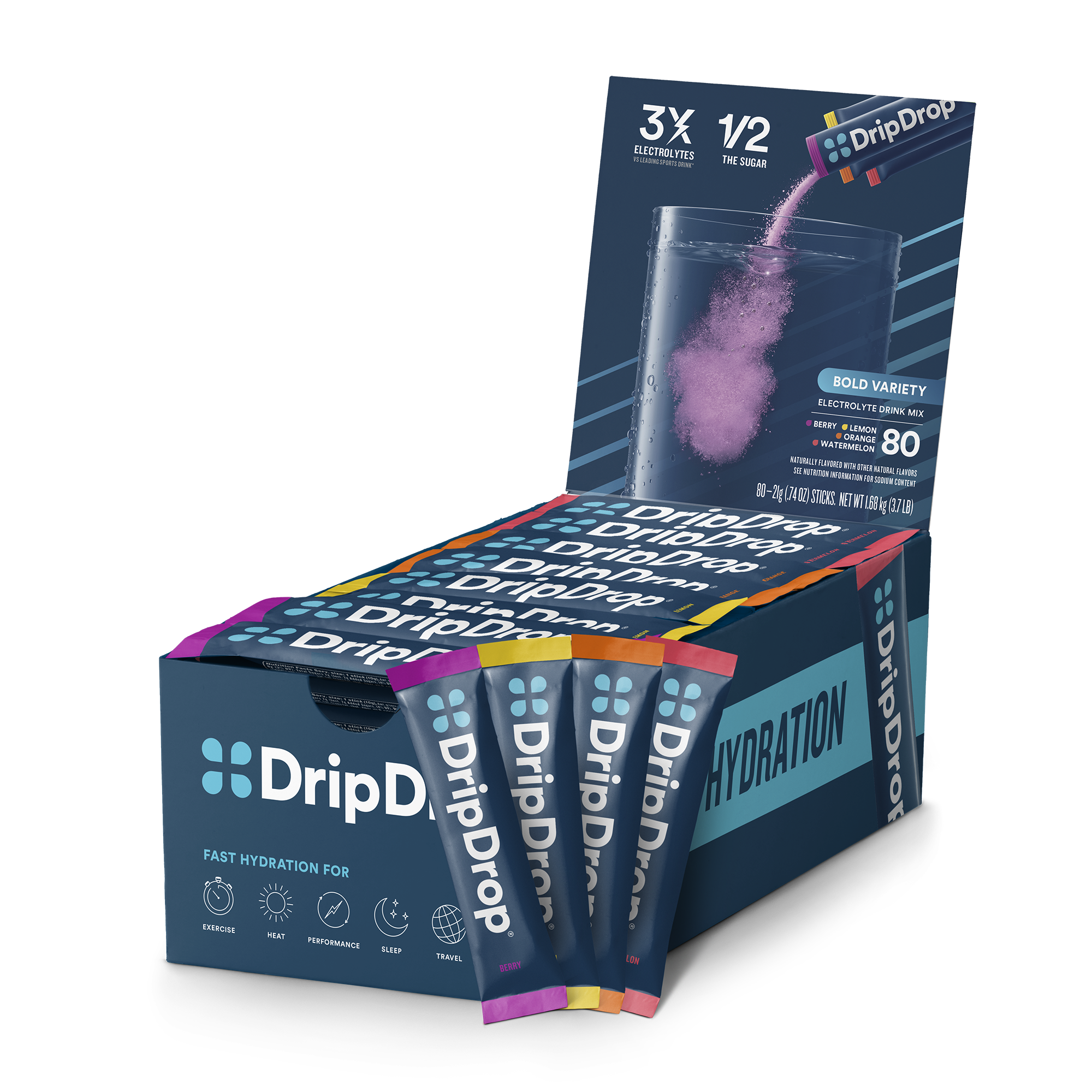 DripDrop Bold Variety Pack Electrolyte Powder, 16 oz sticks, 80 count - D30K