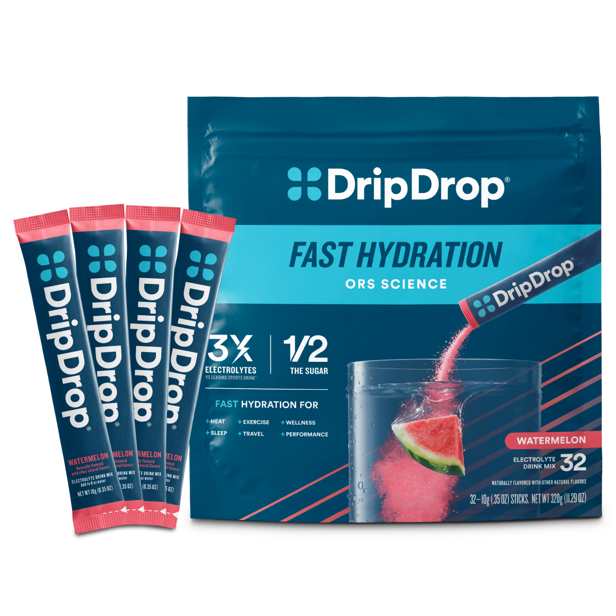 DripDrop Watermelon Electrolyte Powder, 8 oz sticks, 32 count - IE7K