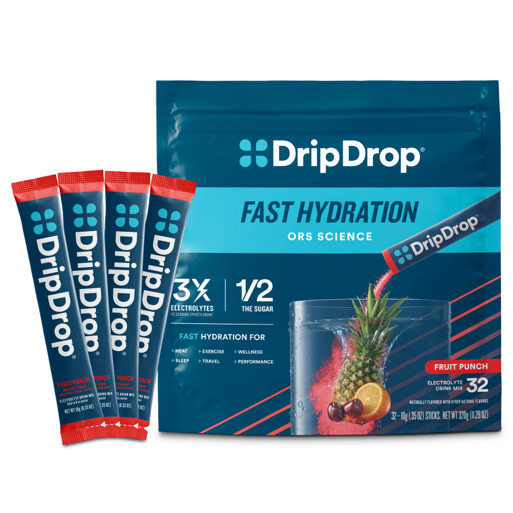DripDrop Fruit Punch Electrolyte Powder, 8 oz sticks, 32 count - 1VWW