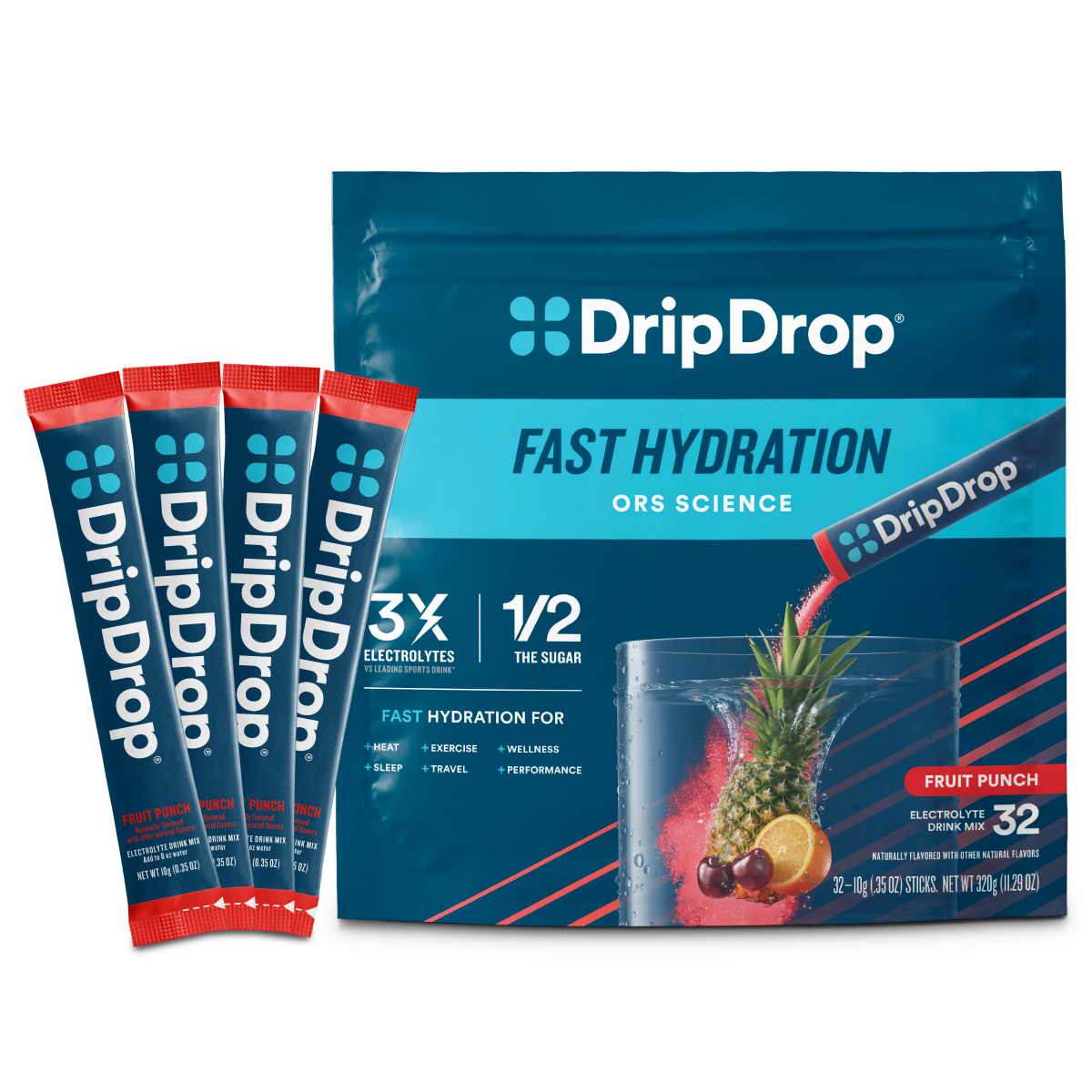 DripDrop Fruit Punch Electrolyte Powder, 8 oz sticks, 32 count - 1VWW