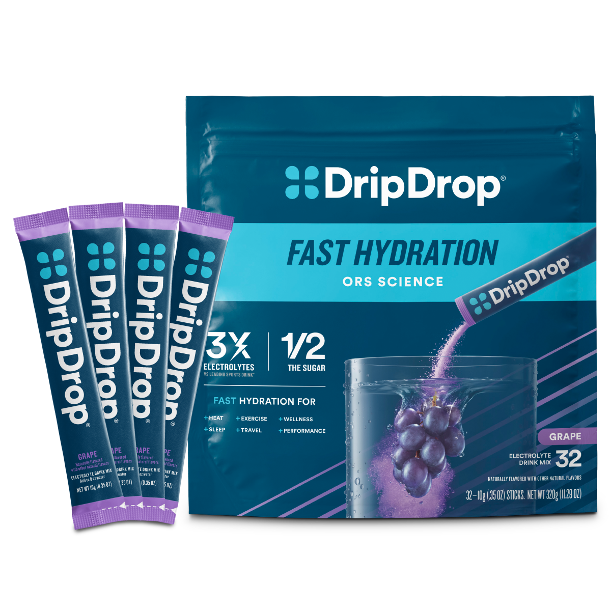 DripDrop Grape Electrolyte Powder, 8 oz sticks, 32 count - HQWD