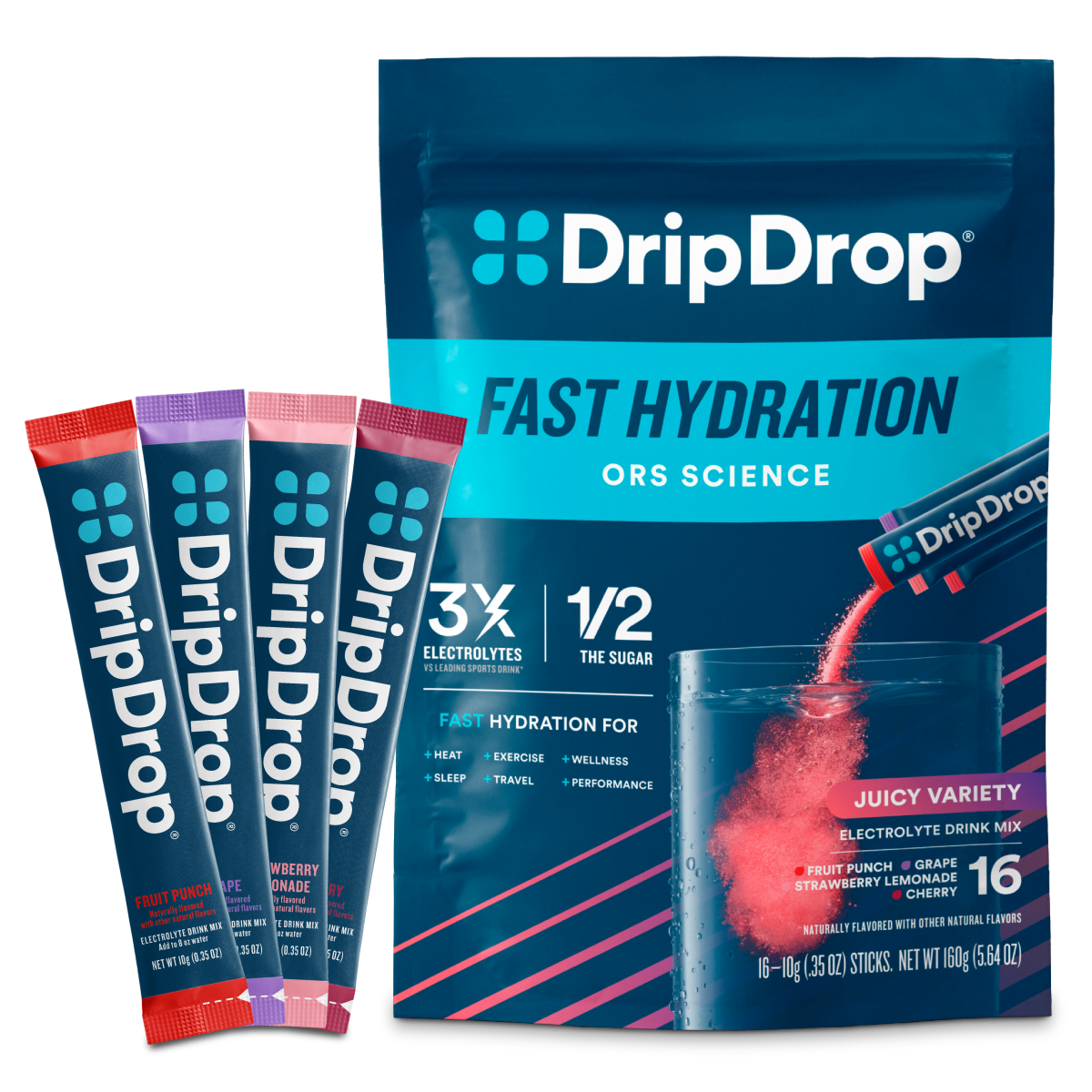 DripDrop Juicy Variety Pack Electrolyte Powder, 8 oz sticks, 16 count - DGTS