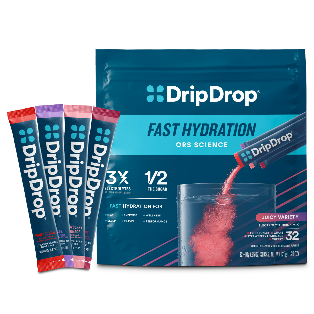 DripDrop Juicy Variety Pack Electrolyte Powder, 8 oz sticks, 32 count - 0RB0