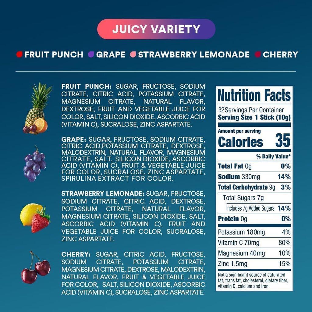 DripDrop Juicy Variety Pack Electrolyte Powder, 8 oz sticks, 32 count - 0RB0