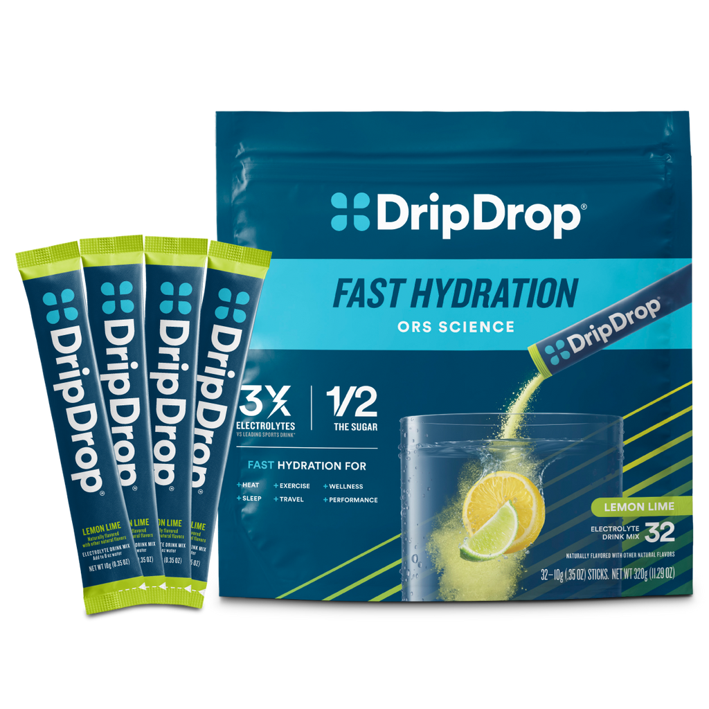 DripDrop Lemon Lime Electrolyte Powder, 8 oz sticks, 32 count - 6IRT