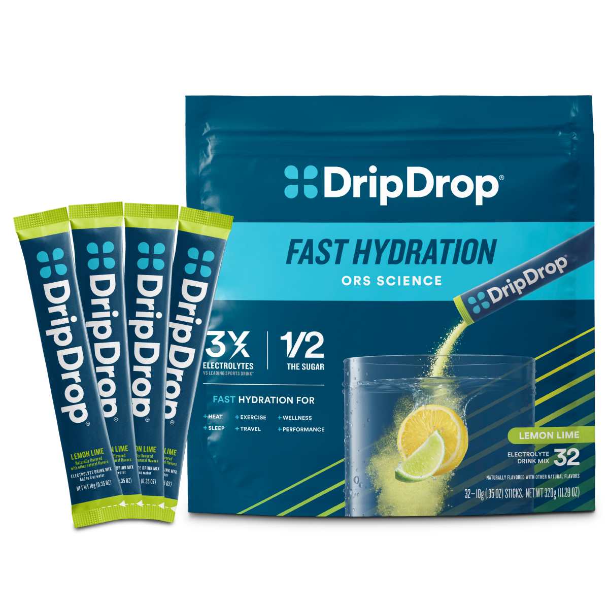 DripDrop Lemon Lime Electrolyte Powder, 8 oz sticks, 32 count - 6IRT