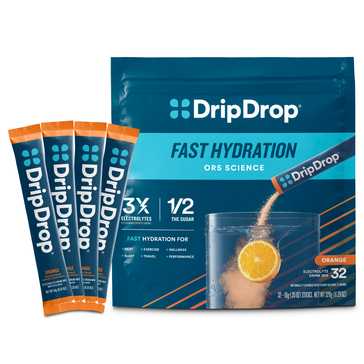 DripDrop Orange Electrolyte Powder, 8 oz sticks, 32 count - 4MPJ