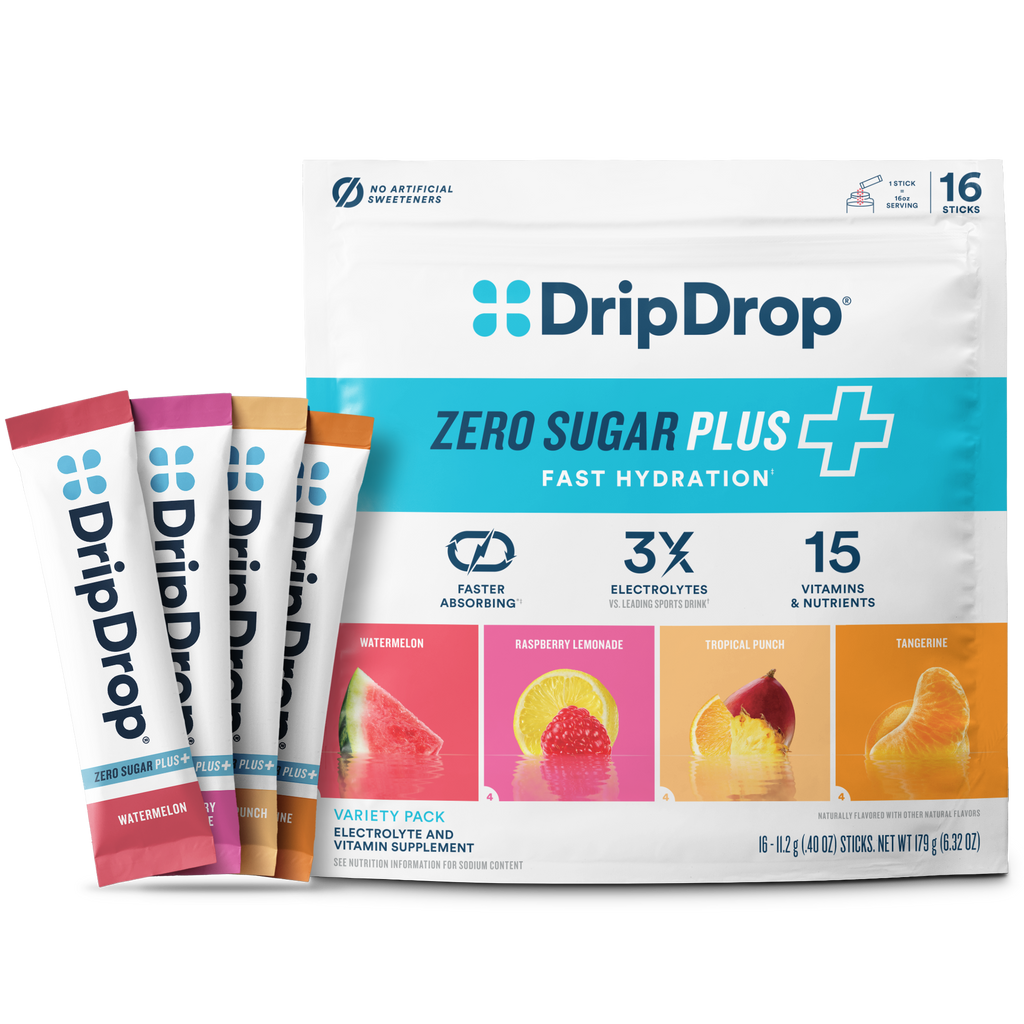 DripDrop Zero Sugar Plus, Watermelon, Tangerine, Tropical Punch, Raspberry Lemonade, 16 oz sticks, 16 count - 5WE2