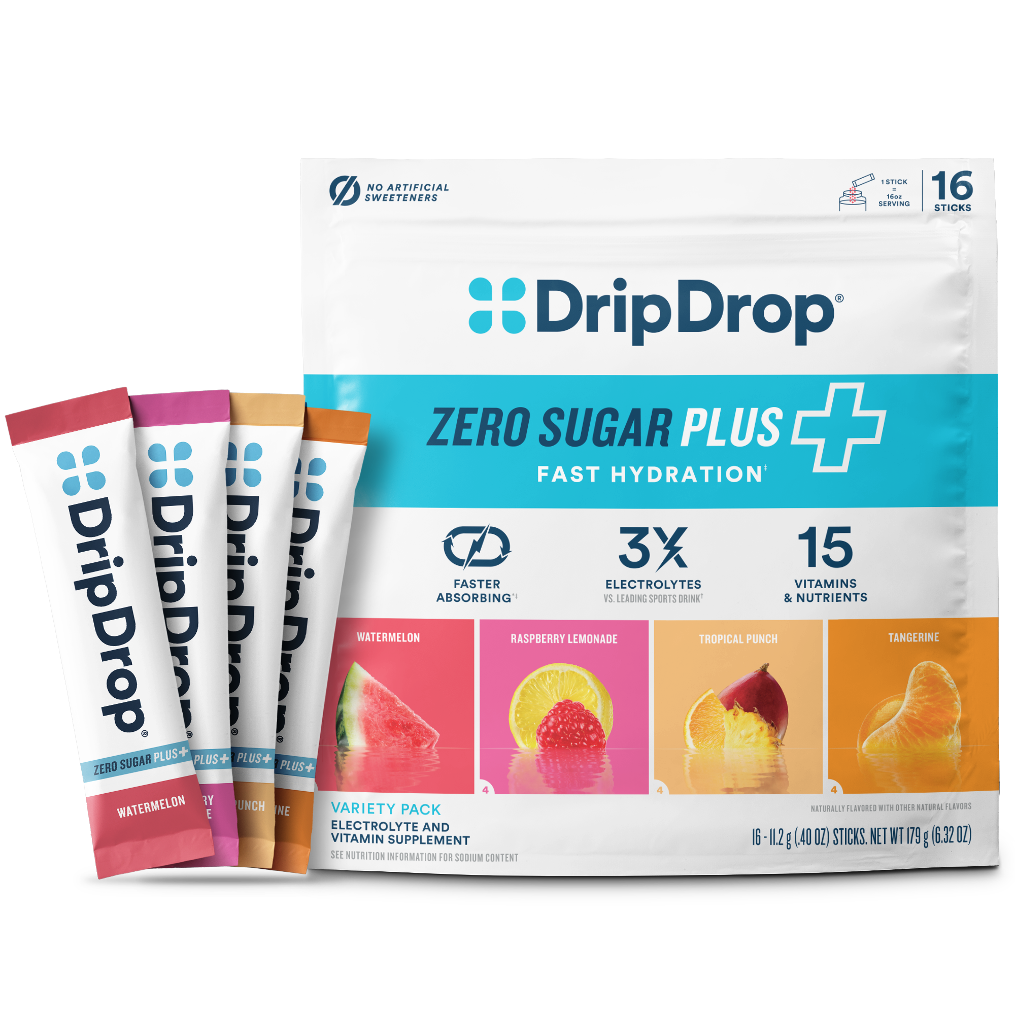 DripDrop Zero Sugar Plus, Watermelon, Tangerine, Tropical Punch, Raspberry Lemonade, 16 oz sticks, 16 count - 5WE2
