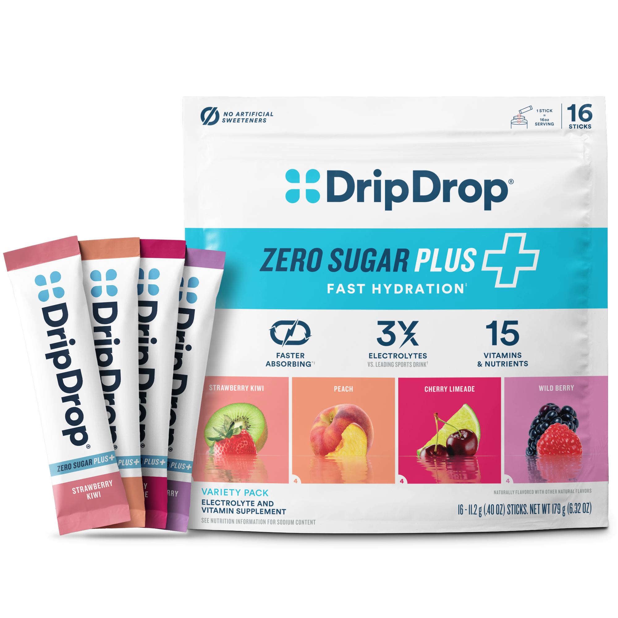 DripDrop Zero Sugar Plus, Strawberry Kiwi, Peach, Cherry Limeade, Wild Berry, 16 oz sticks, 16 count - QOI1