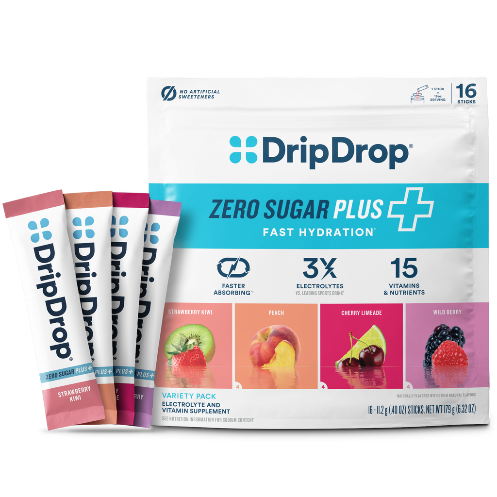DripDrop Zero Sugar Plus, Strawberry Kiwi, Peach, Cherry Limeade, Wild Berry, 16 oz sticks, 16 count - 5636