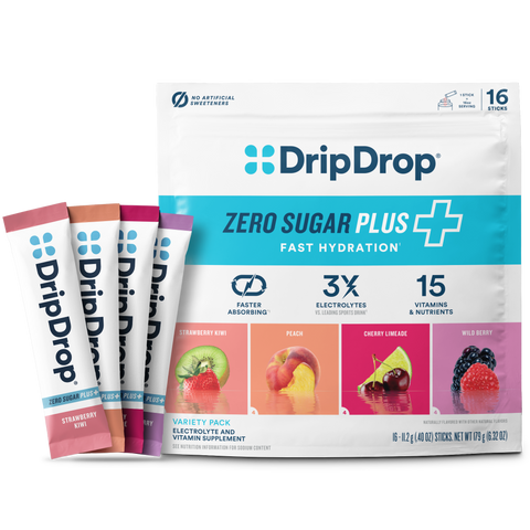 DripDrop Zero Sugar Plus, Strawberry Kiwi, Peach, Cherry Limeade, Wild Berry, 16 oz sticks, 16 count - 5636