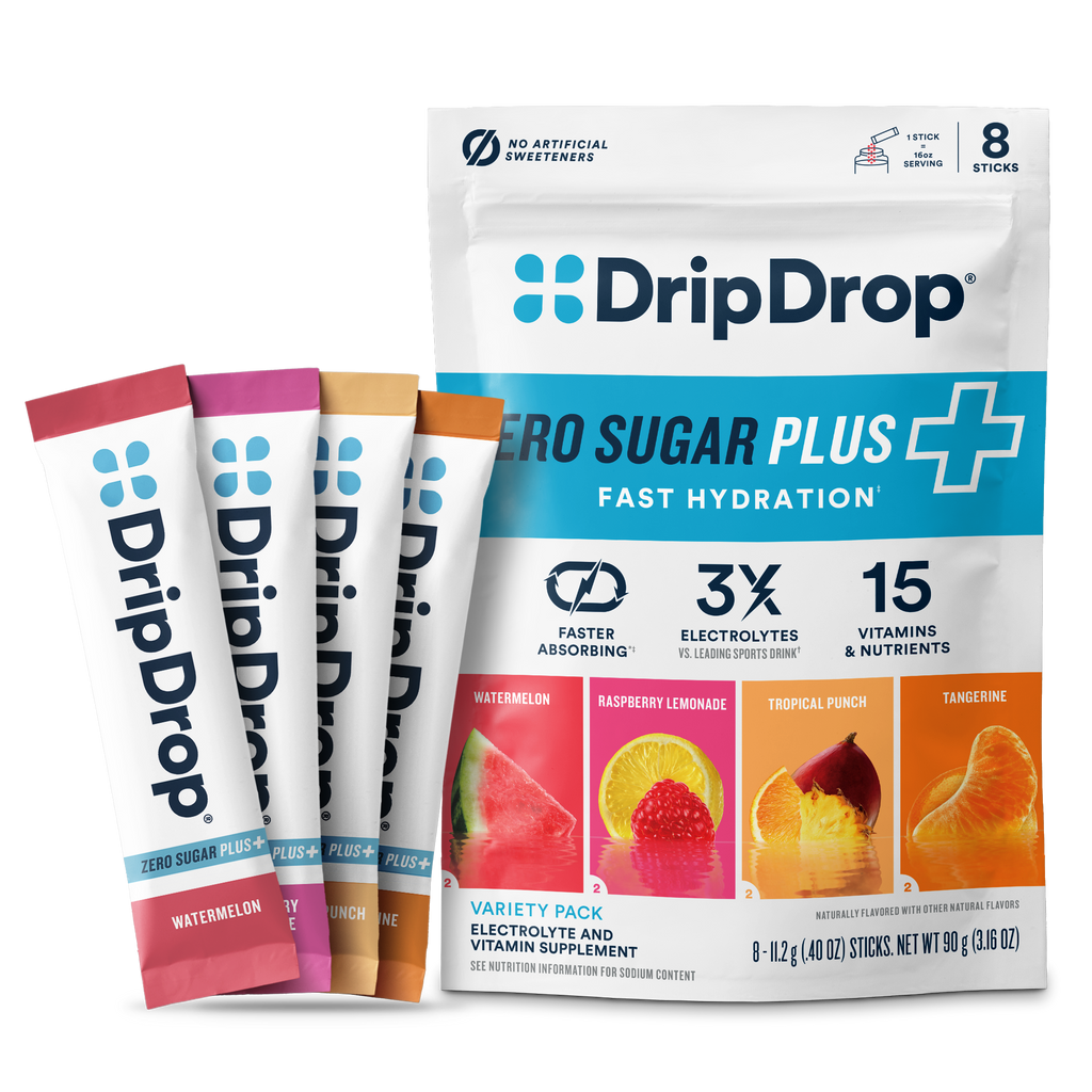 DripDrop Zero Sugar Plus, Watermelon, Tangerine, Tropical Punch, Raspberry Lemonade, 16 oz sticks, 8 count - HMG9