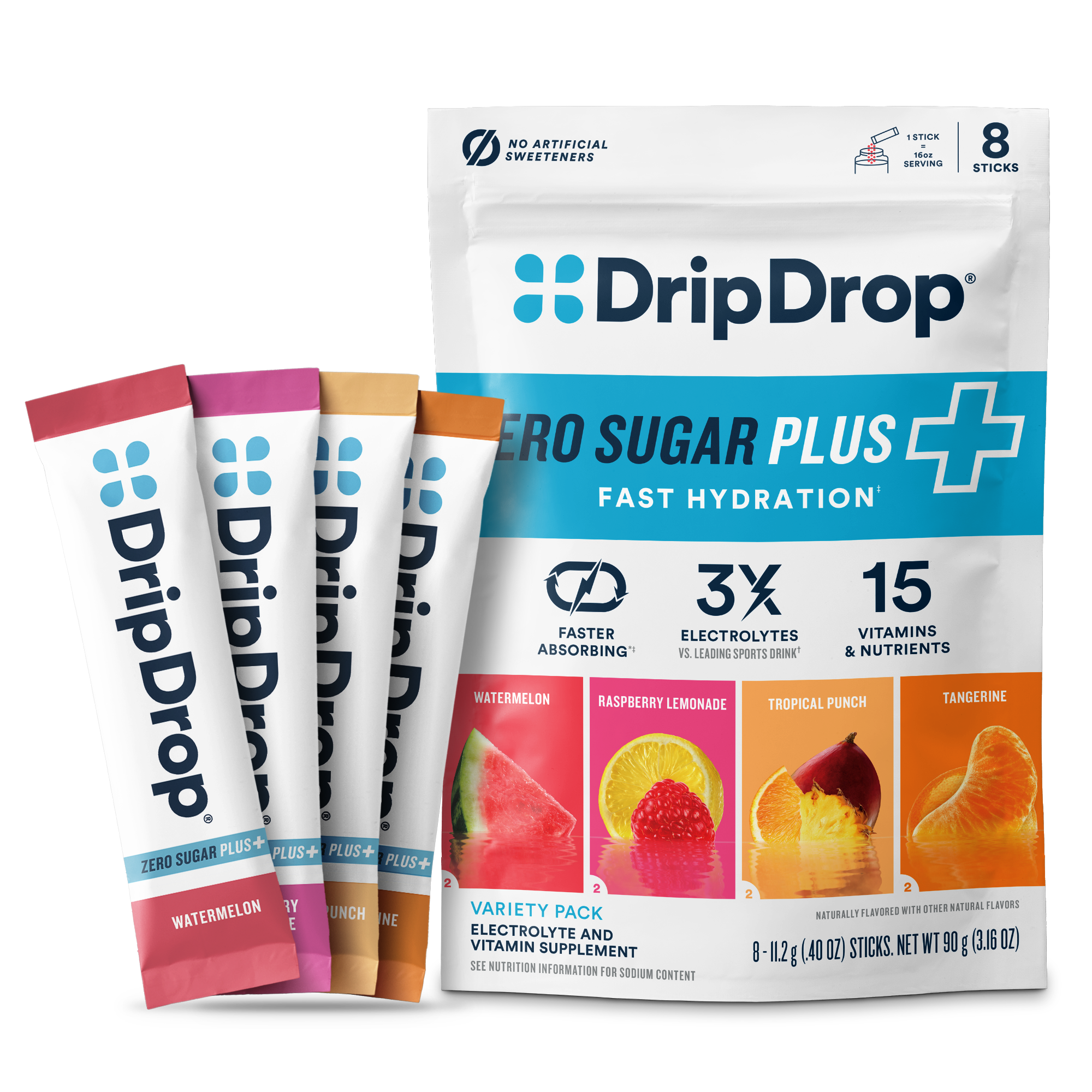 DripDrop Zero Sugar Plus, Watermelon, Tangerine, Tropical Punch, Raspberry Lemonade, 16 oz sticks, 8 count - HMG9