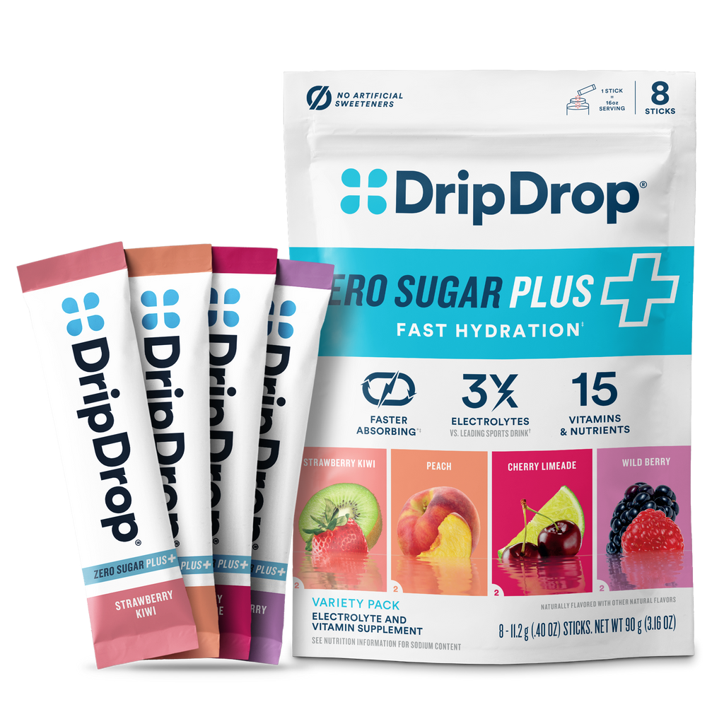 DripDrop Zero Sugar Plus, Strawberry Kiwi, Peach, Cherry Limeade, Wild Berry, 16 oz sticks, 8 count - WJG7