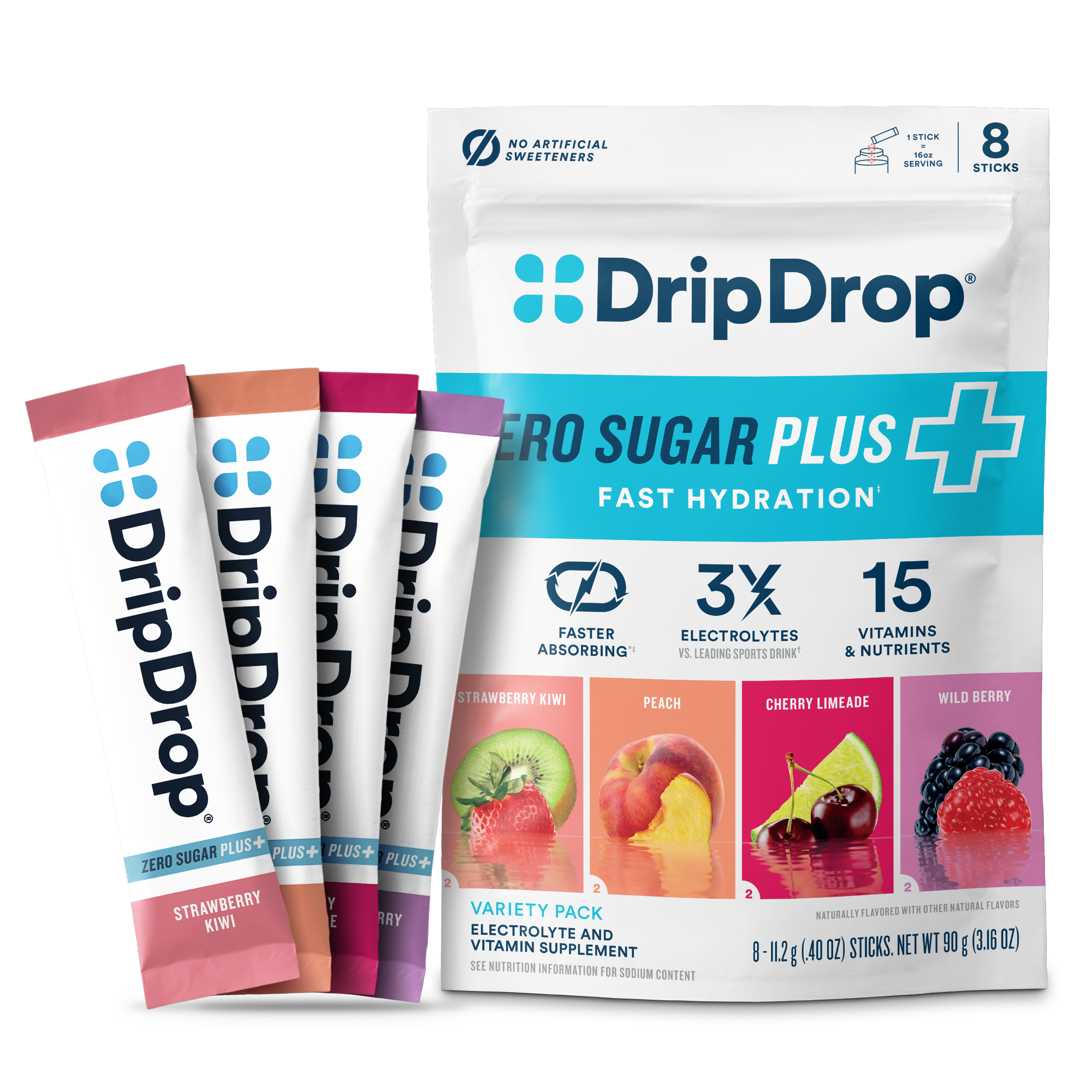 DripDrop Zero Sugar Plus, Strawberry Kiwi, Peach, Cherry Limeade, Wild Berry, 16 oz sticks, 8 count - WJG7