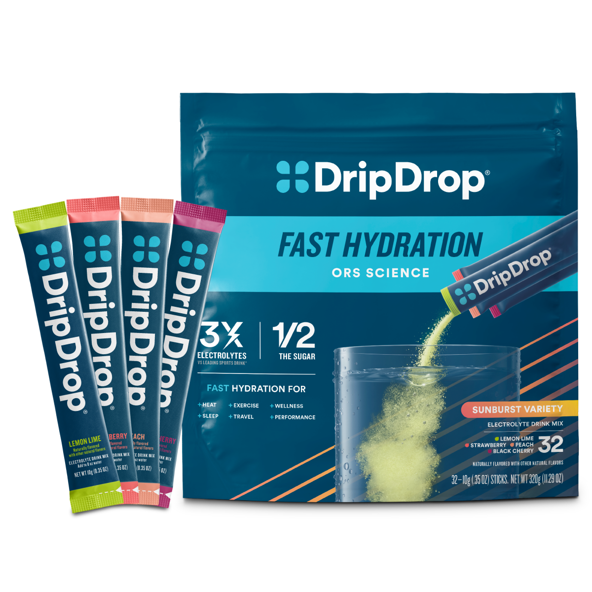 DripDrop Sunburst Variety Pack Electrolyte Powder, 8 oz sticks, 32 count - 2X2A