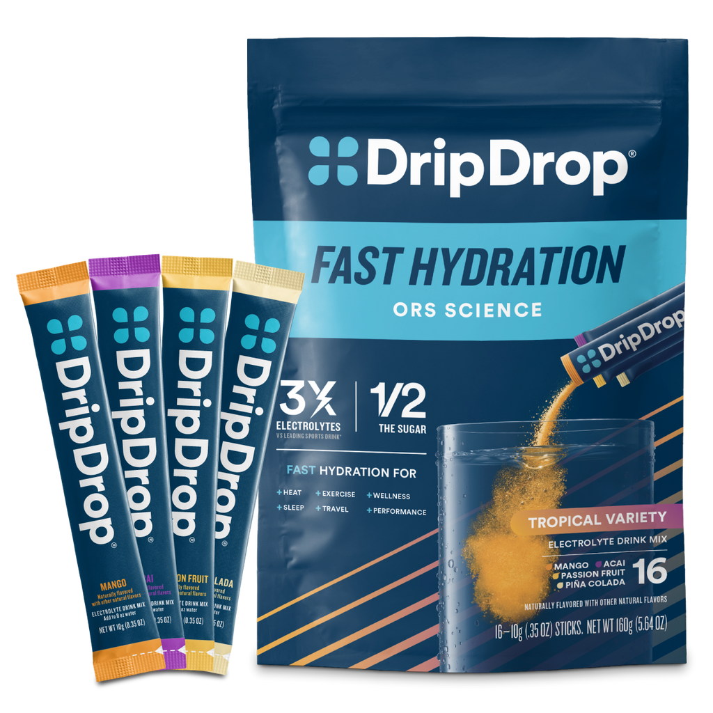 DripDrop Tropical Variety Pack Electrolyte Powder, 8 oz sticks, 16 count - 6G86