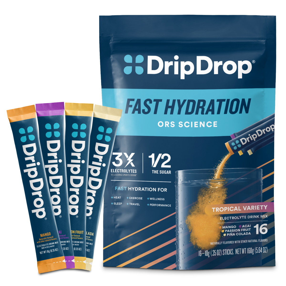 DripDrop Tropical Variety Pack Electrolyte Powder, 8 oz sticks, 16 count - 6G86