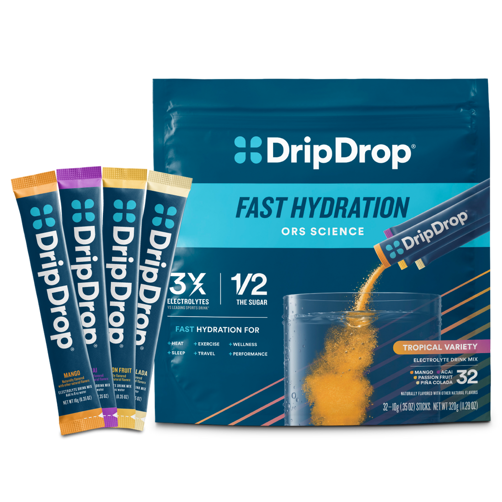 DripDrop Tropical Variety Pack Electrolyte Powder, 8 oz sticks, 32 count - LNR5