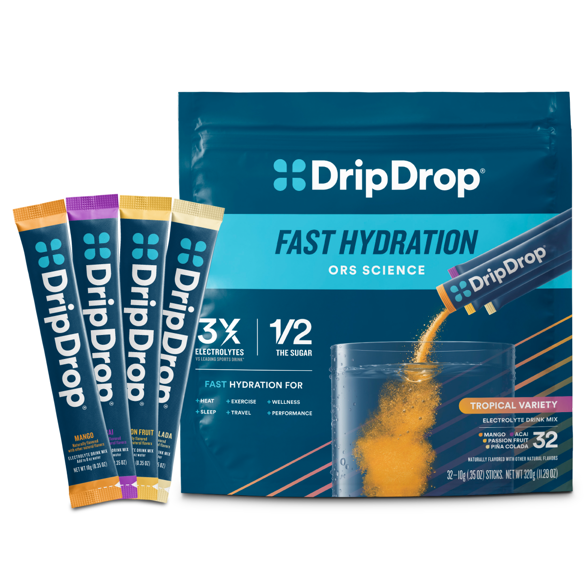 DripDrop Tropical Variety Pack Electrolyte Powder, 8 oz sticks, 32 count - LNR5