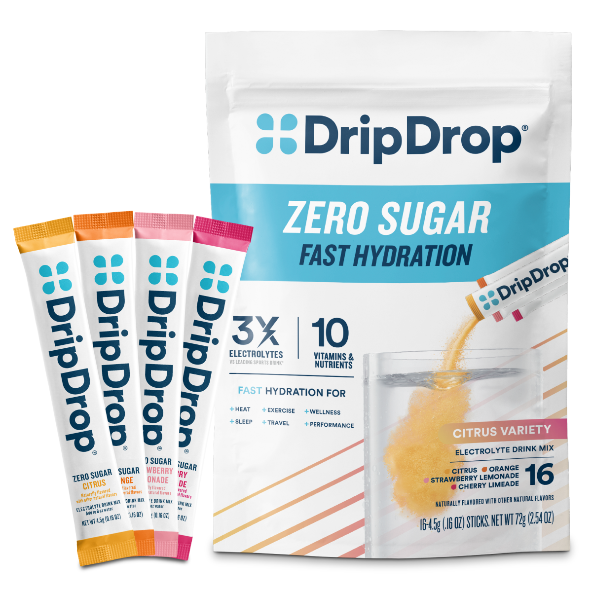 DripDrop Zero Sugar Citrus Variety Pack Electrolyte Powder, 8 oz sticks, 16 count - S4AE