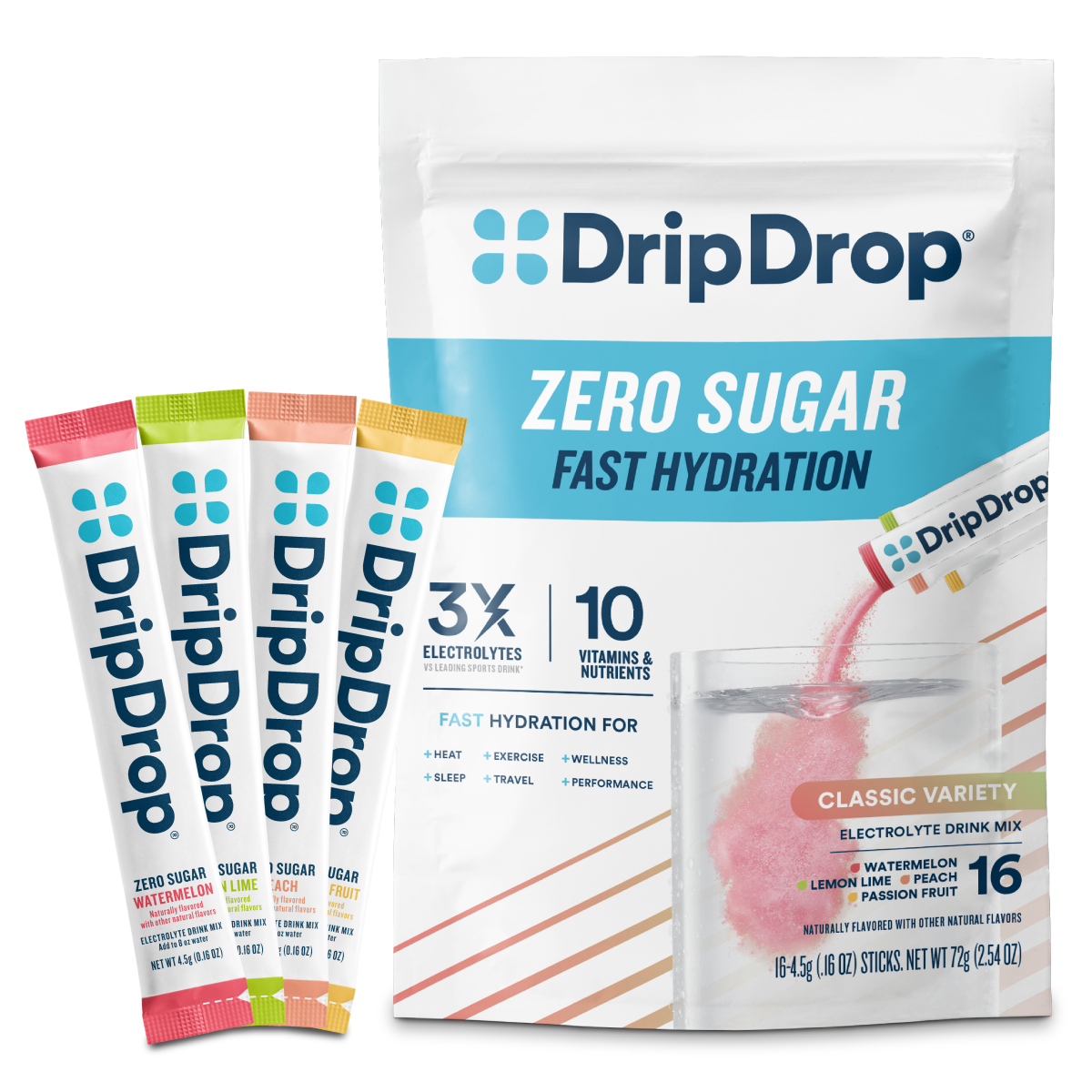 DripDrop Zero Sugar Classic Variety Pack Electrolyte Powder, 8 oz sticks, 16 count - S0HK