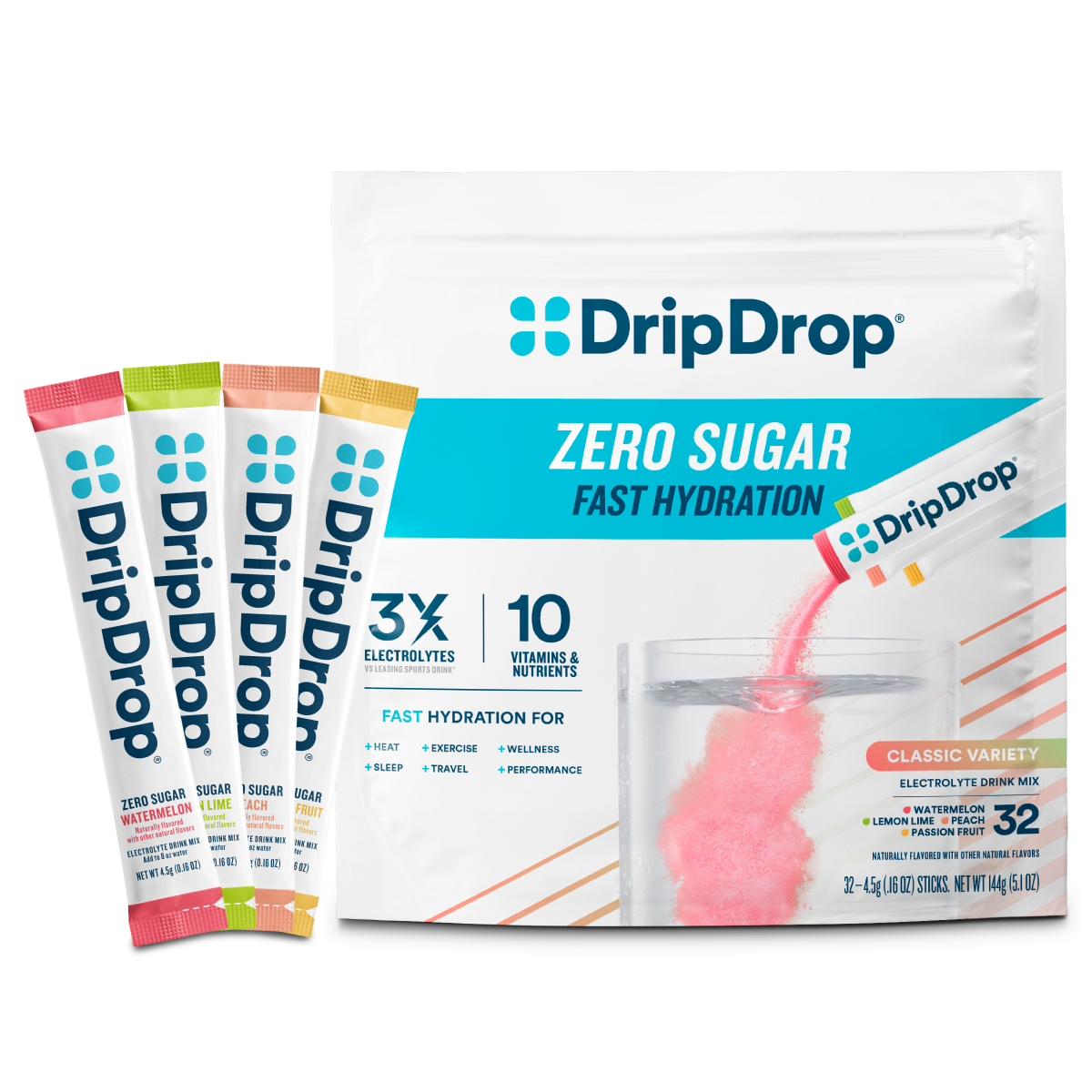DripDrop Zero Sugar Classic Variety Pack Electrolyte Powder, 8 oz sticks, 32 count - K07R