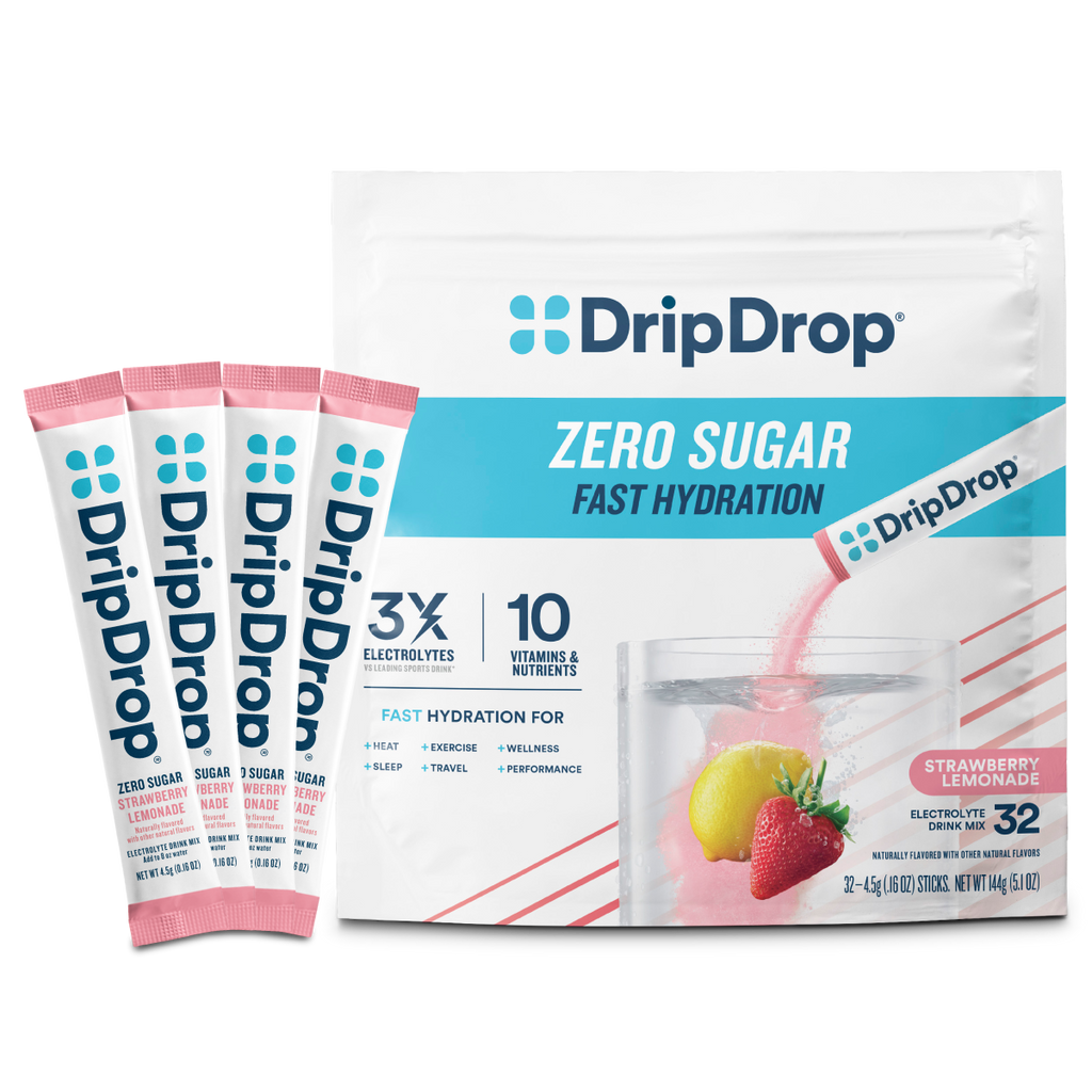 DripDrop Zero Sugar Strawberry Lemonade Electrolyte Powder, 8 oz sticks, 32 count - 49IX