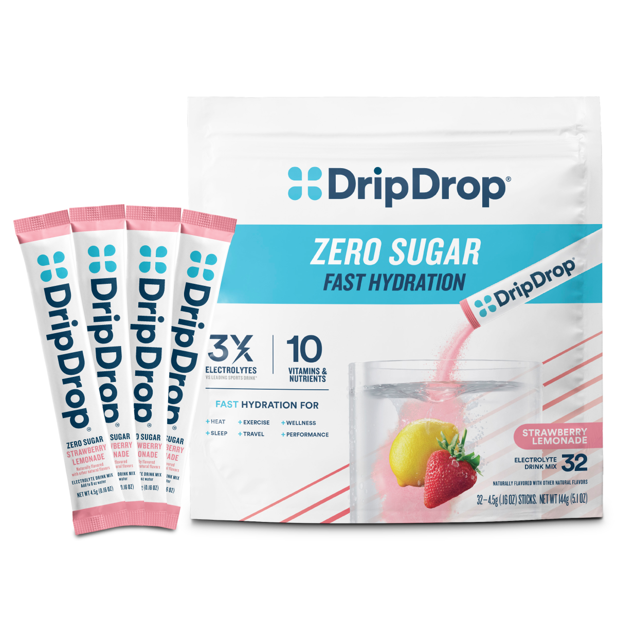 DripDrop Zero Sugar Strawberry Lemonade Electrolyte Powder, 8 oz sticks, 32 count - 49IX