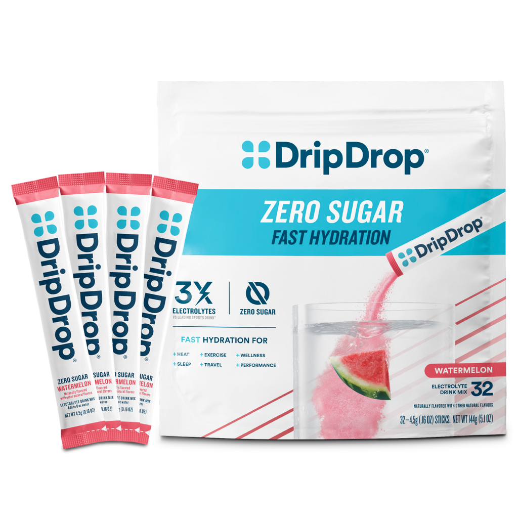 DripDrop Zero Sugar Watermelon Electrolyte Powder, 8 oz sticks, 32 count - 8769