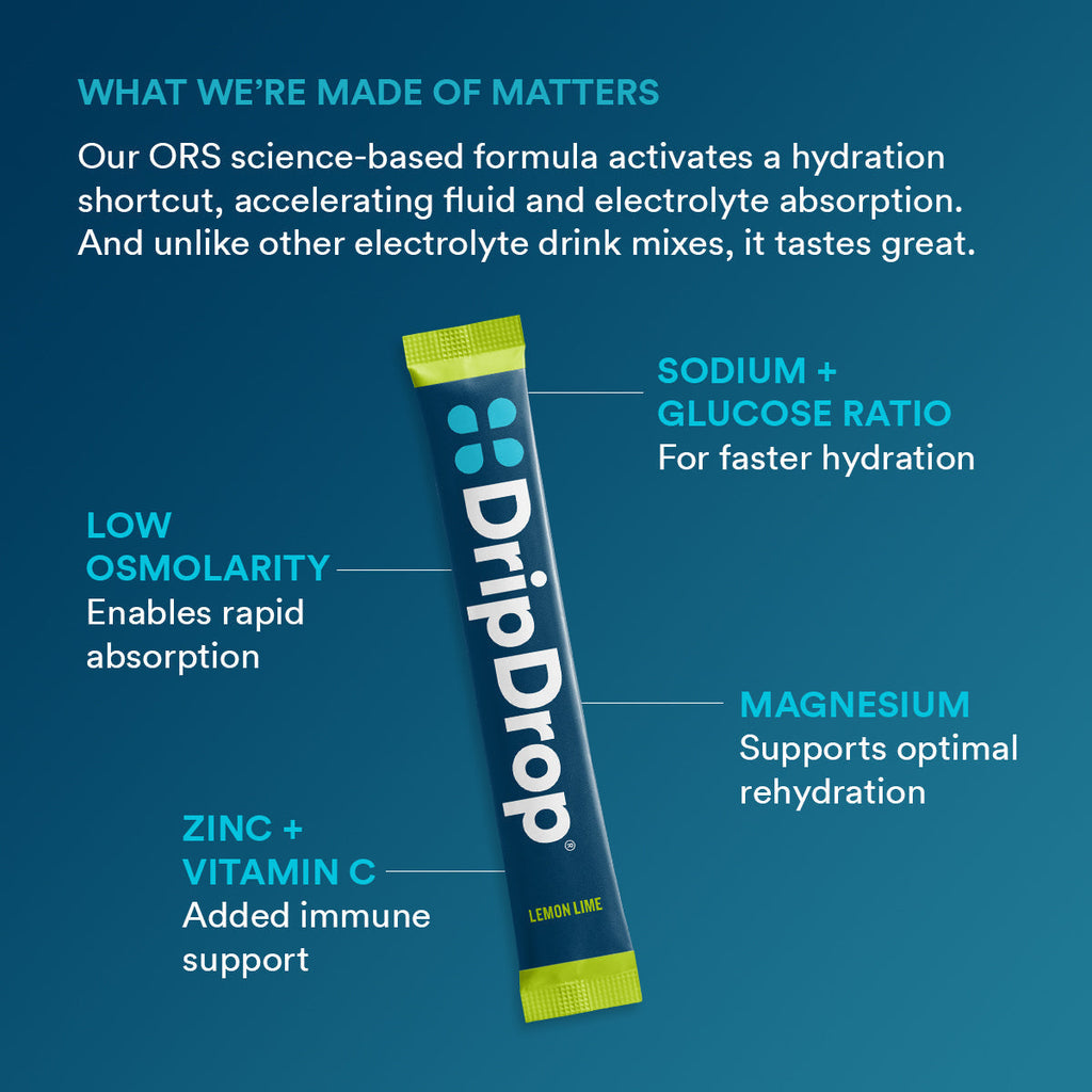 DripDrop Lemon Lime Electrolyte Powder, 8 oz sticks, 32 count - VEHO