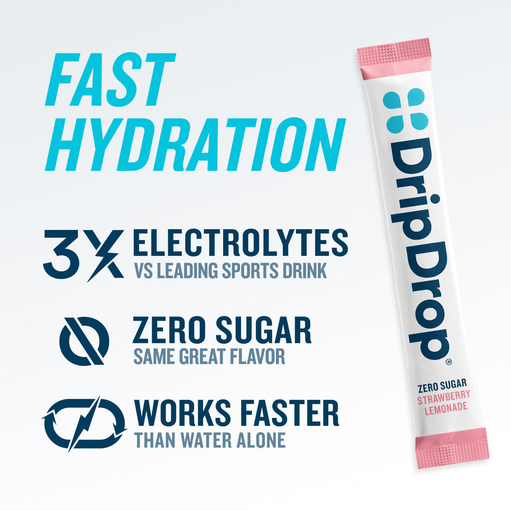 DripDrop Zero Sugar Strawberry Lemonade Electrolyte Powder, 8 oz sticks, 32 count - 49IX