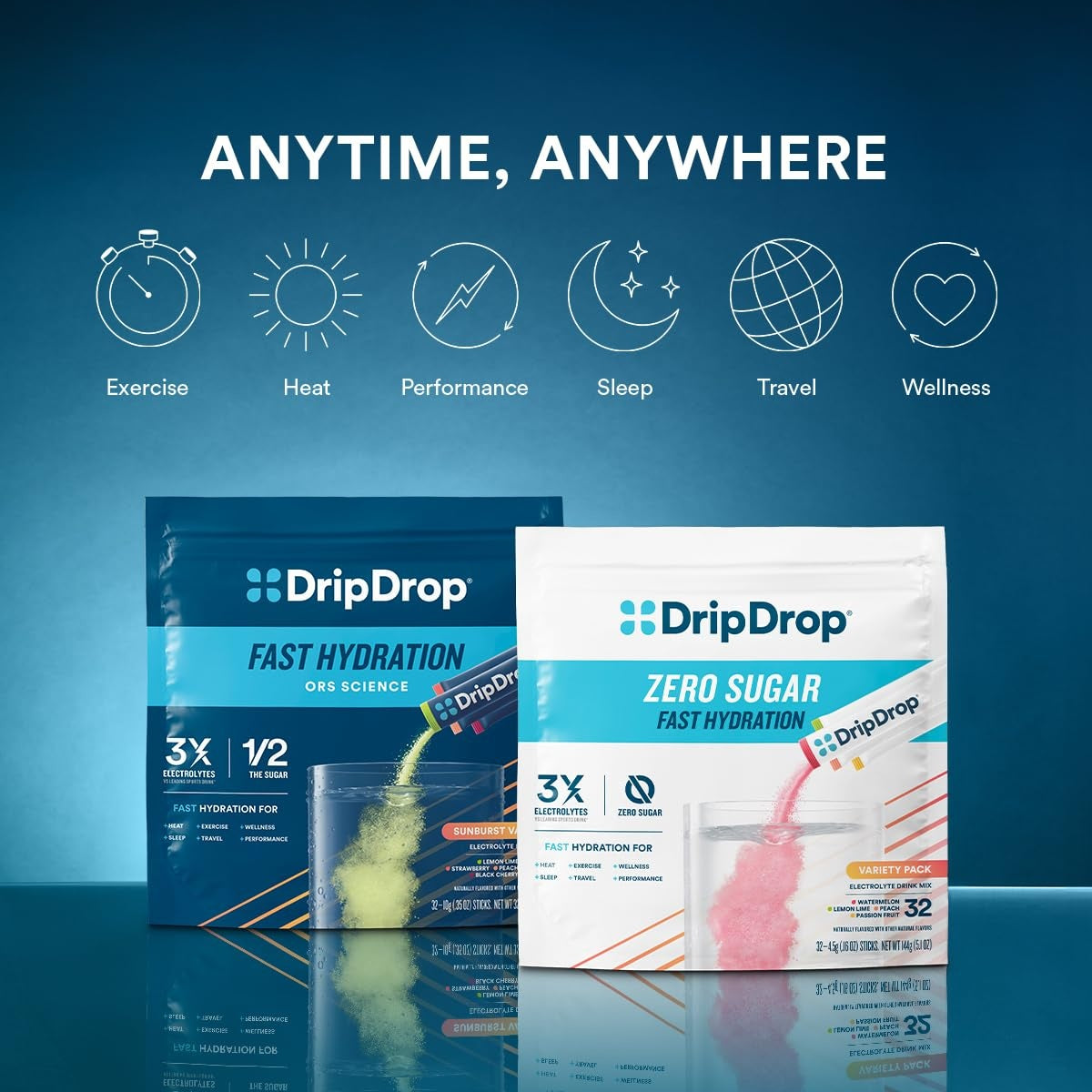 DripDrop Sunburst Variety Pack Electrolyte Powder, 8 oz sticks, 32 count - 2X2A