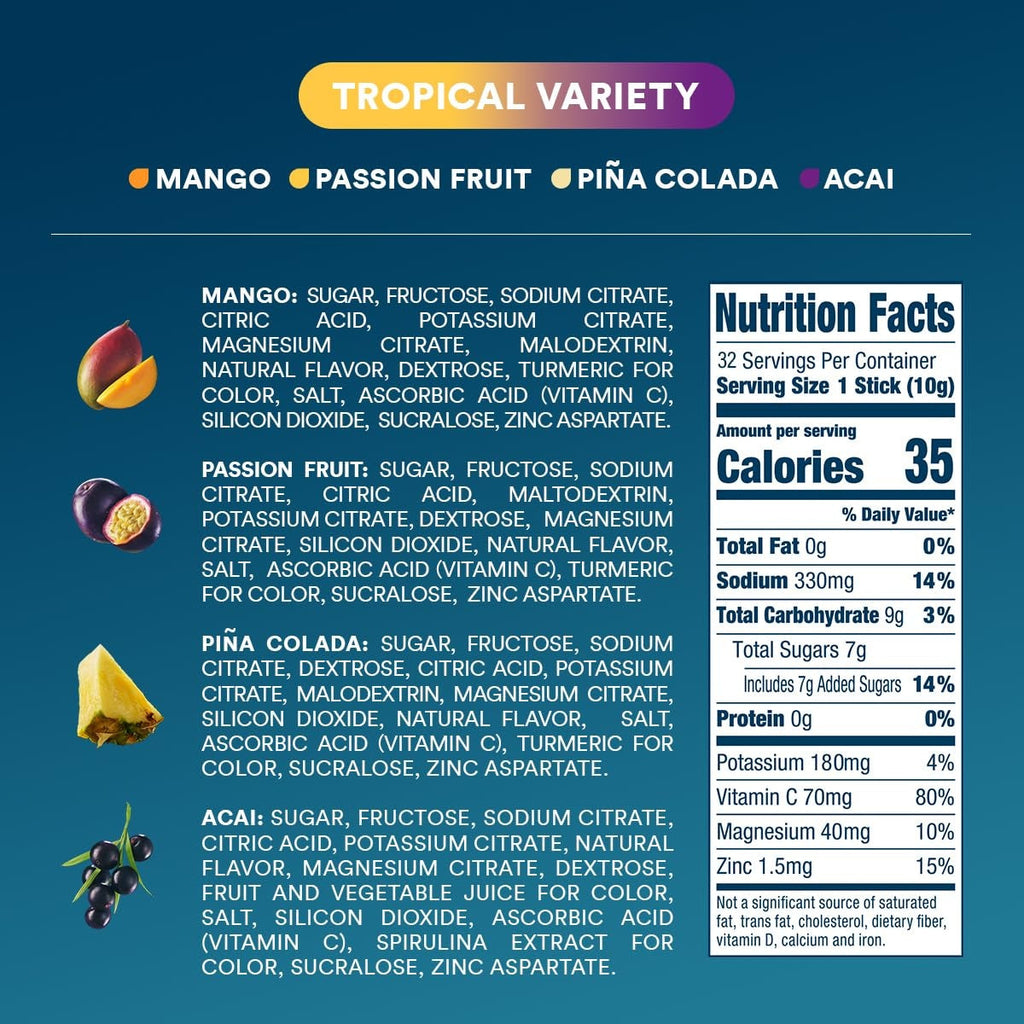 DripDrop Tropical Variety Pack Electrolyte Powder, 8 oz sticks, 32 count - LNR5