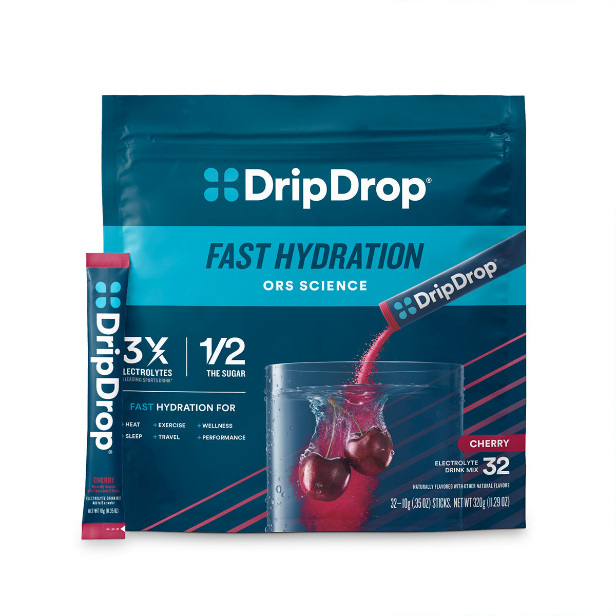 DripDrop Cherry Electrolyte Powder, 8 oz sticks, 32 count - 0E5M